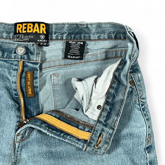 Ariat Jeans Mens 33x33 Blue Rebar M4 Bootcut Distressed Low Rise Stretch Light - Picture 5 of 10